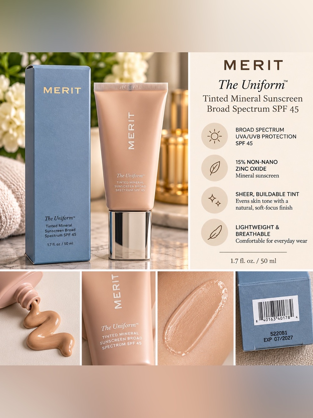 MERIT The Uniform Tinted Mineral Sunscreen SPF 45 50ml NIB- shade 22